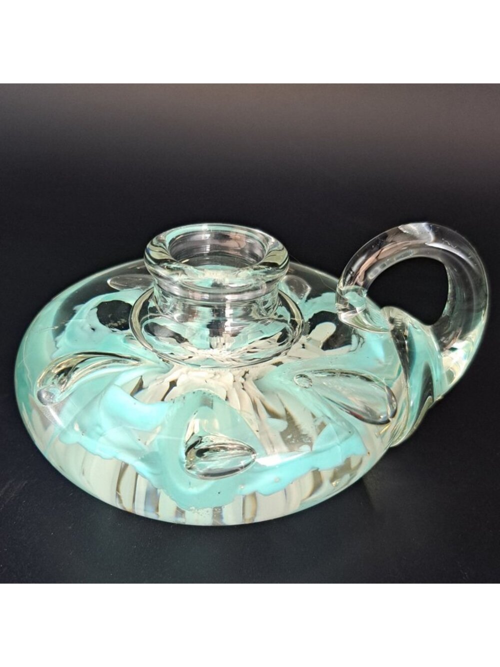 Handcrafted Glass Candle Holder Paperweight With Floral Design & Handle
